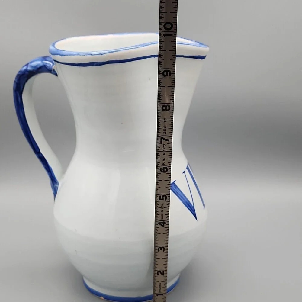 Talavera Spain Vino Pitcher Jug Hand Painted Pottery White Cobalt Blue Marked